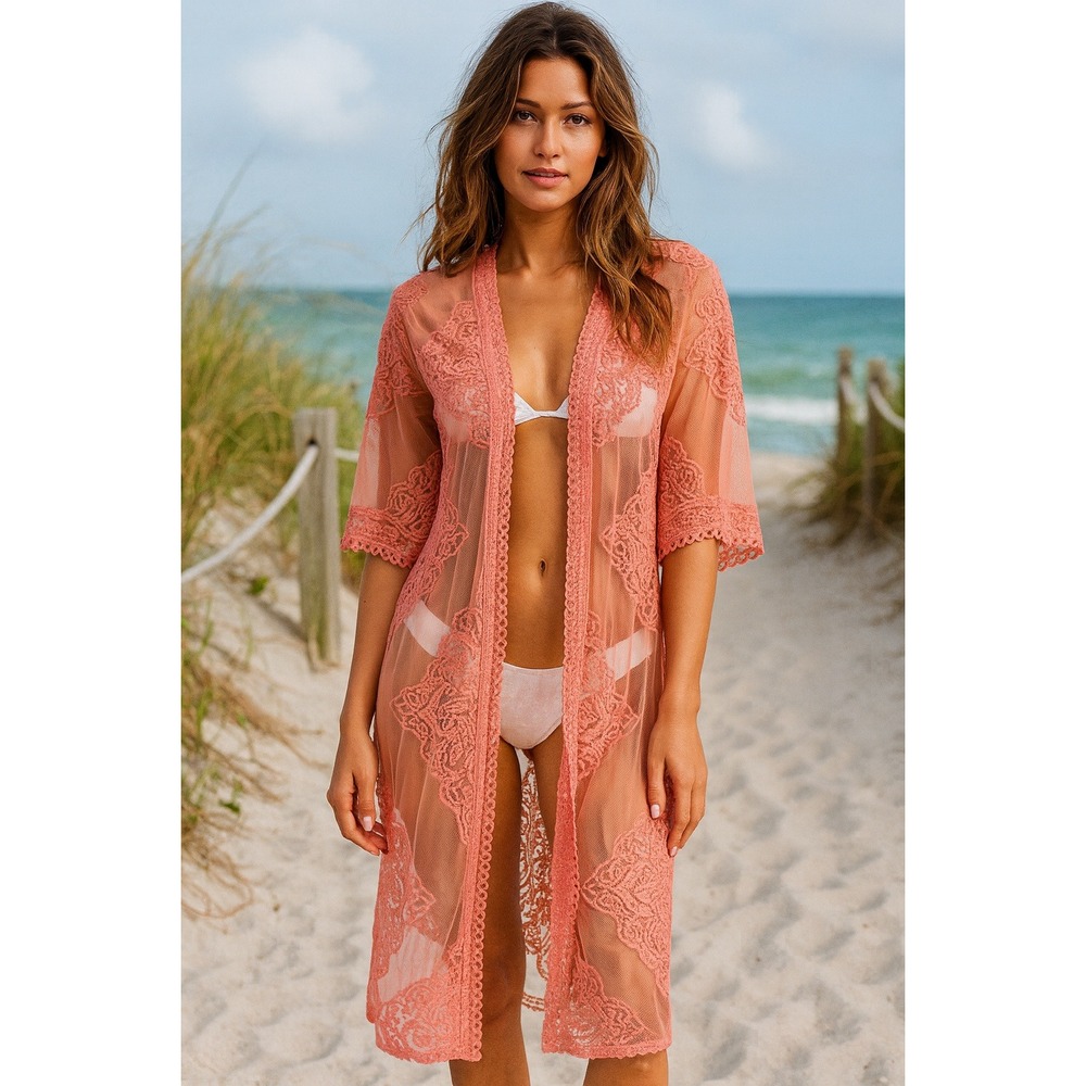 Pink Crochet Lace Overlay Kimono Cardigan Cover Up S M Romantic NWT Elegant Boho